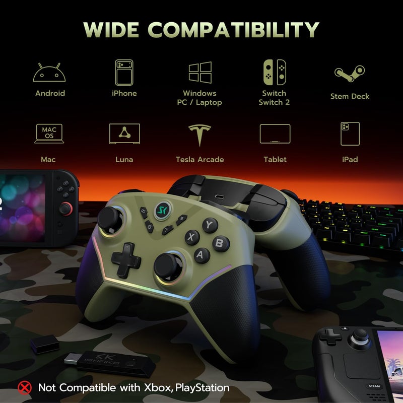 ISHAKO Wireless PC Controller, Hall Effect Gaming Controller with 1000Hz Polling Rate, 3-Stage Adjustable Triggers, 4 Macro Back Buttons, Bluetooth/2.4G/Wired Gamepad Compatible with Windows PC, Switch, iOS, Android, Steam Deck - Green - Image 2